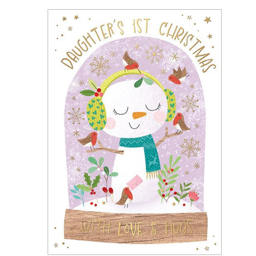 Celebrate a daughter's 1st Christmas with our fun Christmas card. Featuring a globe with a flock of cute robins and a snowlady, the gold accents and details against a white background add a festive touch. 


Gold text on the front of this Christmas card reads 