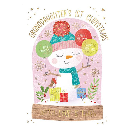 Celebrate a Granddaughter's 1st Christmas with our fun Christmas card. Featuring a globe with a friendly snowman holding balloons, the gold accents and details against a white background add a festive touch. 

Gold text on the front of this Christmas card reads 