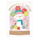 Celebrate a Granddaughter's 1st Christmas with our fun Christmas card. Featuring a globe with a friendly snowman holding balloons, the gold accents and details against a white background add a festive touch.&nbsp;

Gold text on the front of this Christmas card reads "Granddaughter's 1st Christmas with love and hugs".