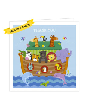 Perfect for children's thank you notes for Birthday or Christmas presents, this pack of 5 thankyou note cards is decorated with a brightly coloured illustration of Noah's ark filled with lions, elephants, giraffes, crocodiles, zebras. The caption on the front of the cards reads "Thank you".