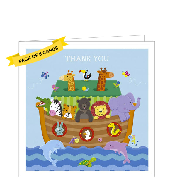 Perfect for children's thank you notes for Birthday or Christmas presents, this pack of 5 thankyou note cards is decorated with a brightly coloured illustration of Noah's ark filled with lions, elephants, giraffes, crocodiles, zebras. The caption on the front of the cards reads 