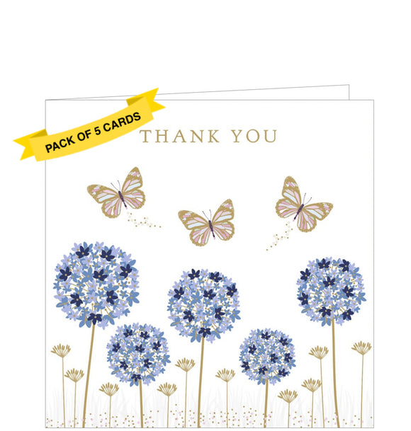 Make your gratitude stand out with a timeless touch of elegance. This pack of 5 thank you notelets are decorated with three gold and pink butterflies fluttering around a punch of tall blue allium flowers. Gold text on the front of the cards reads 