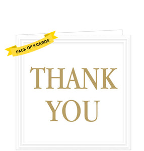 Celebrate any occasion with this stylish set of 5 thank you notelets featuring gold text that reads "THANK YOU" on a crisp white background. Make your gratitude stand out with a timeless touch of elegance.
