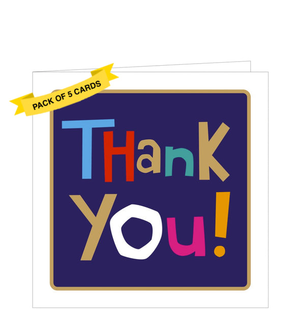 Celebrate any occasion with this stylish set of 5 thank you notelets featuring bold coloured text that reads 