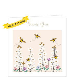 Celebrate any occasion with this stylish set of 5 thank you notelets decorated with bees buzzing around stylised flowers. Gold text on the cards reads "Thank you".