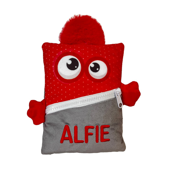 This cute, personalised Worry Monster for Alfie encourage small children to let go of their worries. Simply write down the worry, zip it up in the pouch and it will be gobbled up by a helpful monster!