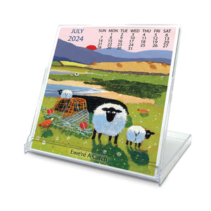This 2024 desk calendar comes in a plastic holder that is also used to display the current month. Each month has its own small sheet with a Thomas Joseph artwork and dates on the front. On the back each card has a list of days of the month with space for a note or appointments