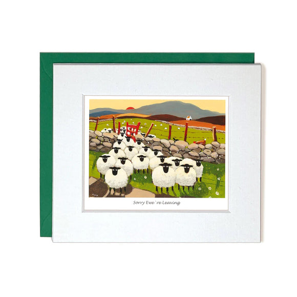 This cute little leaving card by iconic artist Thomas Joseph is decorated with a flock of sheep exiting a farm gate as the sunsets. All the sheep have stopped and they all seem to be looking straight out at us. The caption on the front of the card reads 