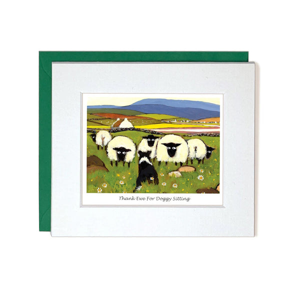 This cute little thankyou card by iconic artist Thomas Joseph is decorated with a stand-off between a border collie sheep dog and a flock of sheep. The caption on the front of the card reads 