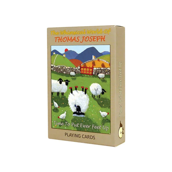 This pack of standard playing cards 9cm by 6cm by 2cm and contains 52 cards plus 3 jokers - each decorated a sketch of Thomas Joseph's iconic sheep blocking a country road as far as the eye can see. 