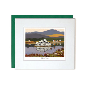 This romantic little greetings card by iconic artist Thomas Joseph is decorated with a flock of sheep forming sheep-pyramid on a tiny island in the middle of a lake. The caption on the front of the card reads "Isle of Ewe".