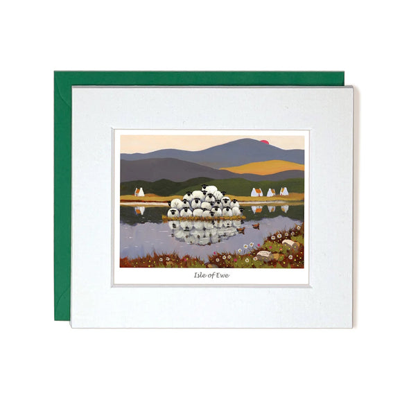 This romantic little greetings card by iconic artist Thomas Joseph is decorated with a flock of sheep forming sheep-pyramid on a tiny island in the middle of a lake. The caption on the front of the card reads 