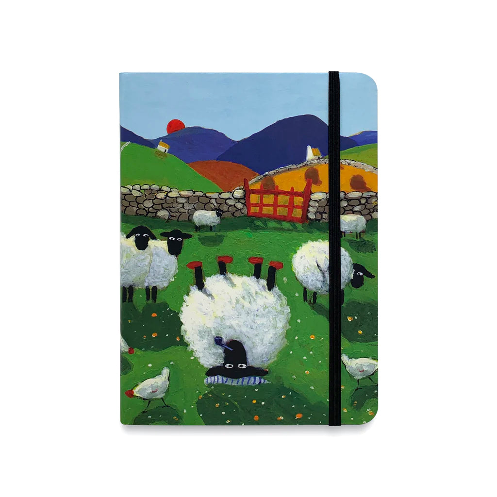 Perfect for anything from plotting your novel to planning world domination, or just keeping track of your shopping list, this flexible notebook is decorated with a sketch by Thomas Joseph showing a sheep with a pipe and night cap lying on its back in a field at sunset. 