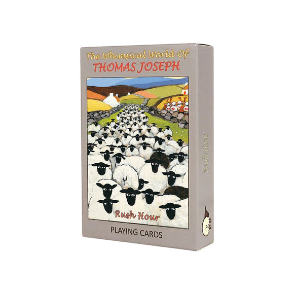 This pack of standard playing cards 9cm by 6cm by 2cm and contains 52 cards plus 3 jokers - each decorated a sketch of Thomas Joseph's iconic sheep blocking a country road as far as the eye can see. 