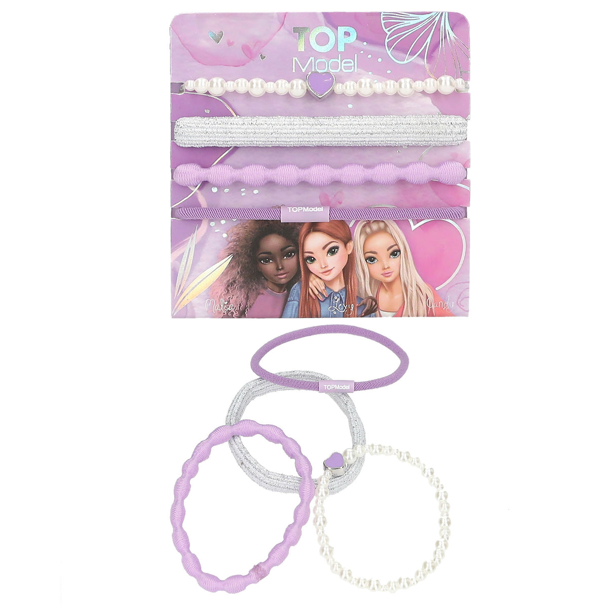 TopModel by Depesche hair ties and hair bobbles set of three. Accessorise like one of the TOPModel gang! Each set contains four bands that are super pretty as a hairband, but just as stylish as a bracelet &nbsp;- one band with white pearls and a coloured heart, a wide silver-coloured band, a wave-shaped band and a narrow band with the TOPModel logo.

There are 3 sets to collect: in rosé, in purple and in pink. Each set is sold separately.