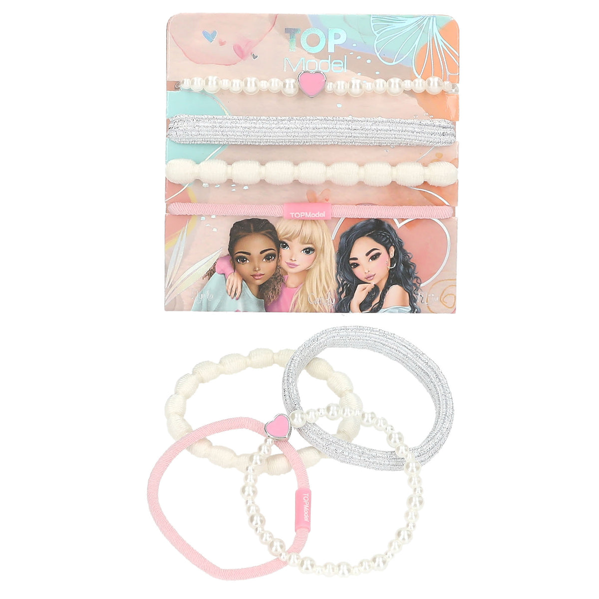TopModel by Depesche hair ties and hair bobbles set of three. Accessorise like one of the TOPModel gang! Each set contains four bands that are super pretty as a hairband, but just as stylish as a bracelet &nbsp;- one band with white pearls and a coloured heart, a wide silver-coloured band, a wave-shaped band and a narrow band with the TOPModel logo.

There are 3 sets to collect: in rosé, in purple and in pink. Each set is sold separately.