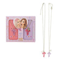 TopModel by Depesche pair of best friends foreveer (BFF) necklaces). The necklaces consist of a narrow gold chain and a brightly coloured pendant of a ribbon in a bow and a small tag stamped with “BFF” on both sides.