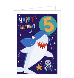 This 5th birthday card is decorated with a friendly looking shark wants to wish you a happy 5th birthday from his home in the sea. The text on the front of this fifth birthday card reads "Happy Birthday...5".