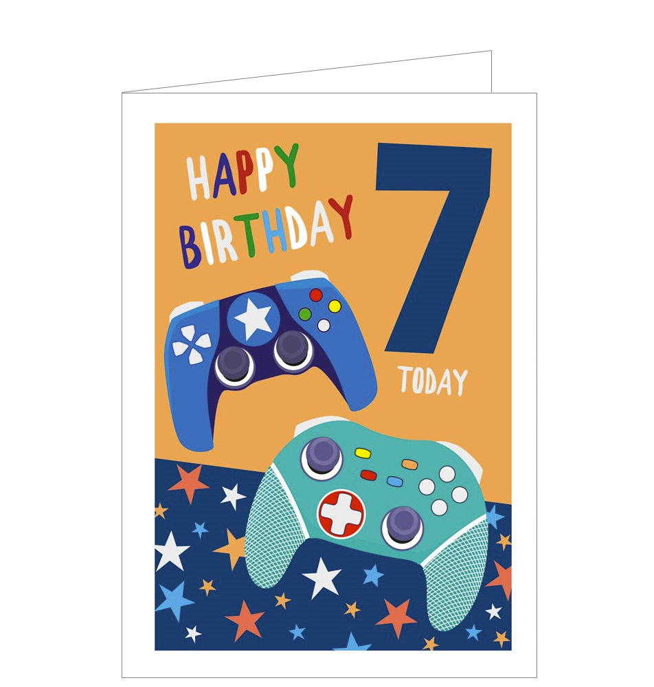 This 7th birthday card is decorated with two colourful video games controllers. The caption on the front of the card reads "Happy Birthday...7 today".