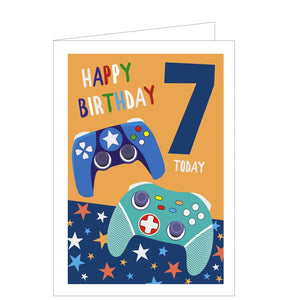 This 7th birthday card is decorated with two colourful video games controllers. The caption on the front of the card reads "Happy Birthday...7 today".