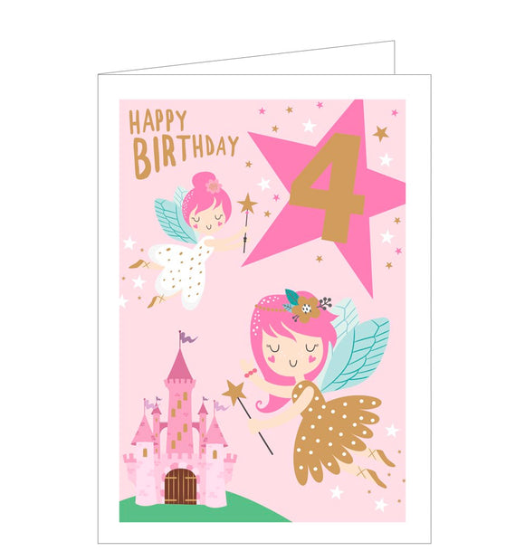 This magical card for a 4 year old has all the fairy tale elements, a castle, fairies and a scattering of stars. Gold text on the front of this 4th birthday card reads 