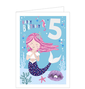This 5th birthday card is decorated with a beautiful pink-haired mermaid with a purple tail scattered with colourful stars. The text on the front of this fifth birthday card reads "Happy Birthday...5".