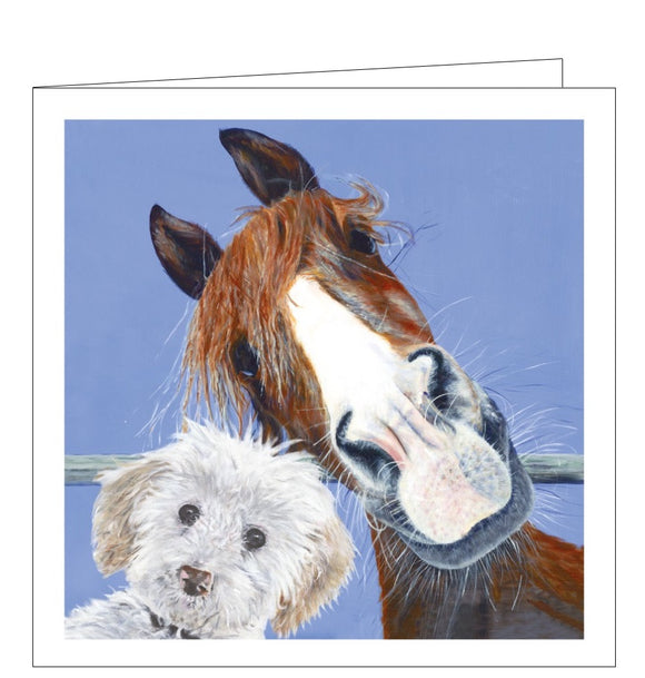 This lovely blank greetings card features detail from an artwork by Julia Pankhurst showing a little white dog and a chestnut horse looking out towards the viewer.