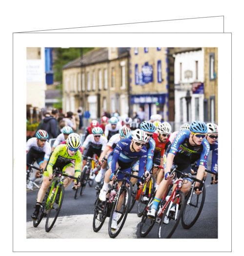 This blank, photographic card has an action shot of the cyclists in the Skipton Grand Prix cycle race capturing all its excitement.