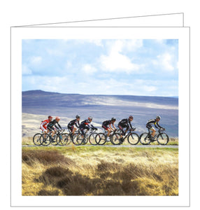 This blank, photographic card has an action shot of the cyclists during the Tour de Yorkshire stage 3. The background of the moors makes for a stunning setting.This blank photographic card is decorated with an action shot of a peloton of cyclists during the Tour de Yorkshire stage 3, riding along a rare flat road with the rugged Yorkshire landscape around them. 