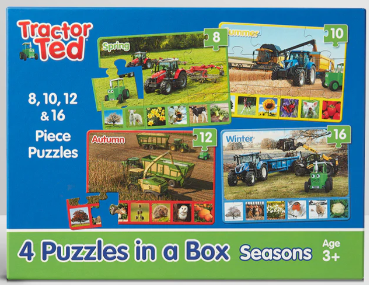 Box of Tractor Ted 4-piece puzzles in a box, featuring seasonal farm scenes for Spring, Autumn, Winter, and Summer, with puzzle piece counts 8, 10, 12, and 16.