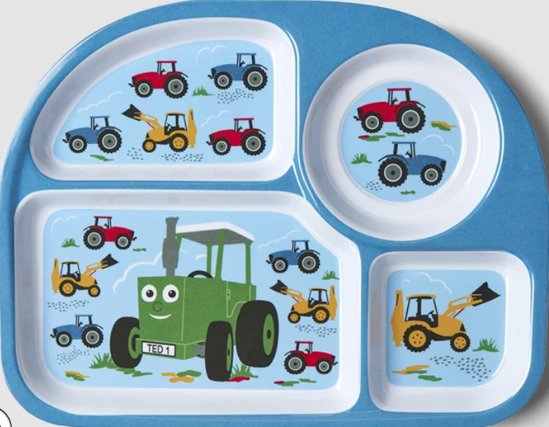 A children's divided dinner plate with a blue outer rim and four white compartments. The compartments are printed with colorful construction vehicles, including a green tractor, blue and red tractors, a yellow excavator, and a blue bulldozer, on a light blue background.