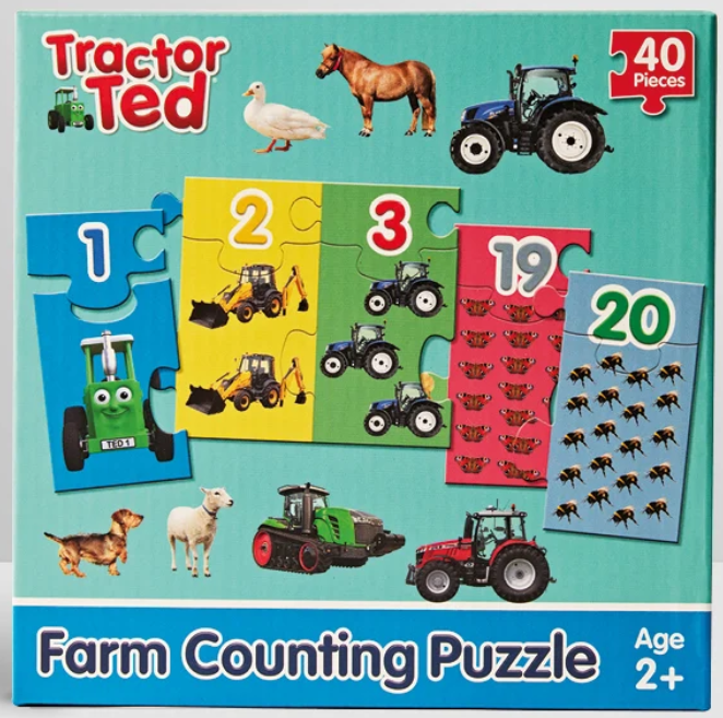 Front of a children's farm-themed counting puzzle box titled 'Tractor Ted' with 'Farm Counting Puzzle' and 'Age 2+'. The box shows multiple jigsaw puzzle panels with tractor, excavator, bee, and farm animal illustrations, plus a red puzzle-piece icon indicating 40 pieces.