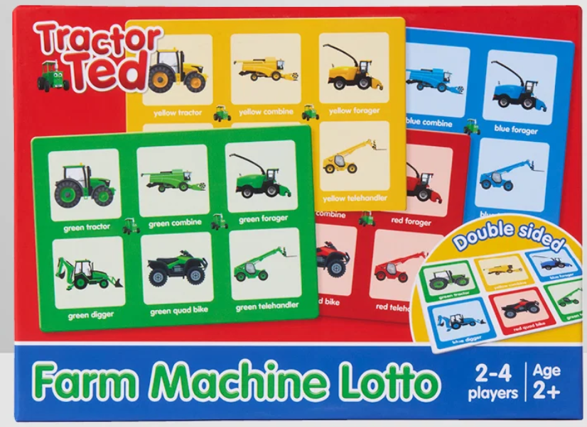 Tractor Ted Farm Machine Lotto card game box for 2-4 players, featuring colorful cards with different farm machinery like tractors, combines, and telehandlers.