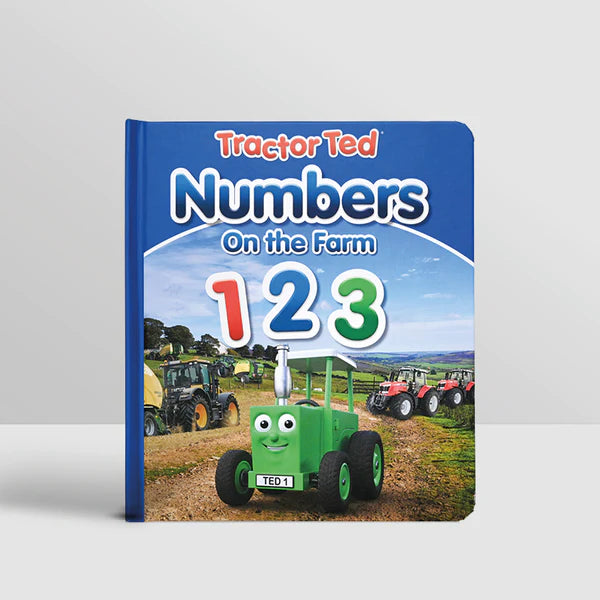 A children's board book titled 'Tractor Ted Numbers on the Farm' featuring illustrations of tractors and the numbers 1, 2, 3. Great for children learning their numbers 1 to 10.