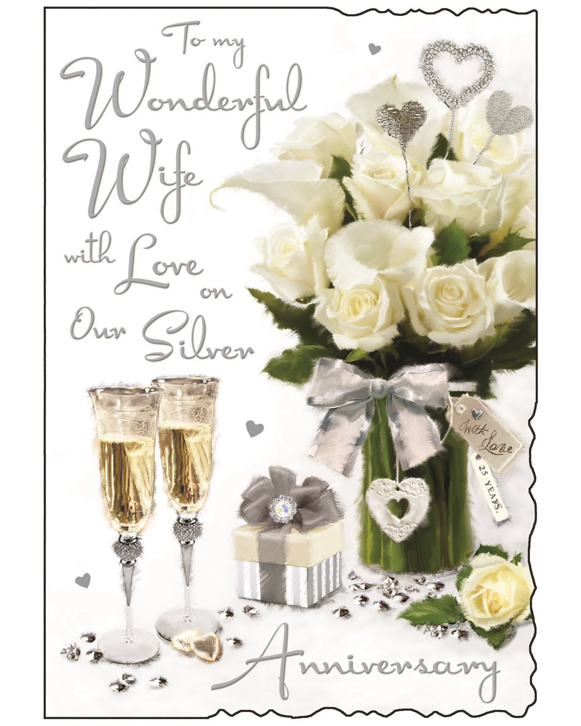 Celebrate 25 wonderful years together with this elegant Silver Anniversary card for your Wife from the beloved Jonny Javelin collection. Beautifully illustrated with a romantic table setting featuring champagne glasses, a bouquet of champagne-coloured roses, and gifts, this card perfectly captures the joy of a special milestone.&nbsp;The silver-foiled front reads: "To My Wonderful Wife With Love on Our Silver Anniversary". A heartfelt message for the woman who means everything.