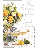 Celebrate 50 years of love with this elegant Golden Anniversary card from the Jonny Javelin collection, designed for a very special couple. Featuring a beautifully illustrated table adorned with a&nbsp;bouquet of yellow roses and a chilled bottle of champagne, this card captures the joy and celebration of a golden milestone.

The front is finished with heartfelt text that reads: "Golden Anniversary Wishes to a Special Couple With Love". A&nbsp;perfect message to honour their enduring love and commitment.