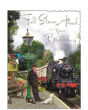 Celebrate in classic style with this beautifully illustrated birthday card from the popular Jonny Javelin collection. Featuring a nostalgic heritage steam engine pulling into a well-kept station platform, this charming scene includes a station master and his loyal dog ready to greet the train.

Finished with elegant silver-foiled text that reads: "Full Steam Ahead on Your Birthday", this card is perfect for train enthusiasts, railway lovers, and fans of vintage transport.