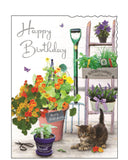 Delight someone special with this whimsical birthday card featuring beautifully illustrated pots of herbs and an inquisitive cat mesmerized by a caterpillar slowly crossing the floor. Finished with a distinctive scalloped top corner, it’s a charming and thoughtful choice for nature and animal lovers alike.