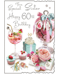 This Jonny Javelin sister 60th birthday card is decorated with a table laden with all good things for a birthday celebration - a cocktail, treats, cupcakes and presents.&nbsp; Silver text on the front of the card reads "To a Special Sister...Happy 60th Birthday." &nbsp;Touches of glitter add some shine, and the corner edges are shaped.