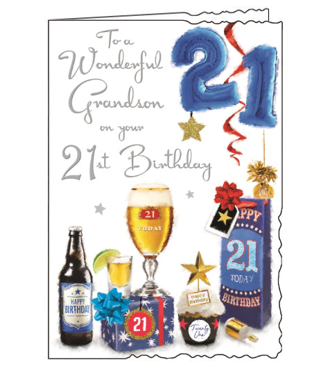 This Jonny Javelin birthday card for a special grand son is decorated with an arrangement of birthday presents, balloons and beers! Silver text on the front of the card reads 