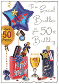 This Brother 50th birthday card from Jonny Javelin is decorated with an arrangement of birthday presents, balloons and treats. Silver text on the front of the card reads "To a Special Brother on your 50th Birthday".