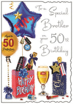 This Brother 50th birthday card from Jonny Javelin is decorated with an arrangement of birthday presents, balloons and treats. Silver text on the front of the card reads "To a Special Brother on your 50th Birthday".