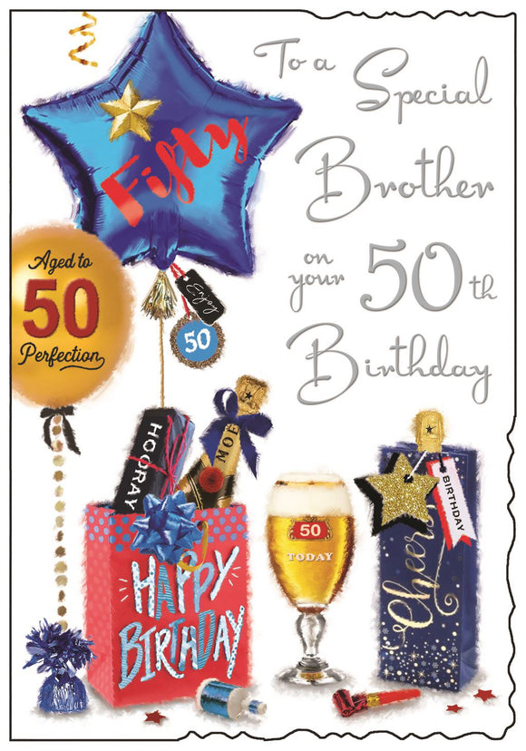 This Brother 50th birthday card from Jonny Javelin is decorated with an arrangement of birthday presents, balloons and treats. Silver text on the front of the card reads 