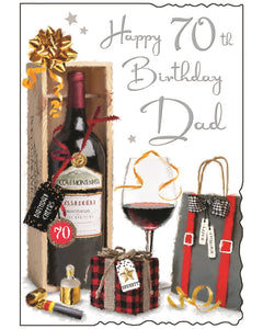 This Dad 70th Birthday card by Jonny Javelin is the perfect way to celebrate your Dad's special day. The card is decorated with colorful images of a bottle and a glass of red wine surrounded by presents. Silver text on the front of the card reads&nbsp;"Happy 70th Birthday Dad".