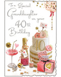 This granddaughter 40th Birthday card from Jonny Javelin is decorated with an array of birthday goodies - from a beautifully decorated cake&nbsp; to plenty of champagne and cocktails. Silver text on the front of the card reads "To a special Granddaughter on your 40th Birthday".