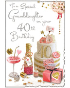 This granddaughter 40th Birthday card from Jonny Javelin is decorated with an array of birthday goodies - from a beautifully decorated cake&nbsp; to plenty of champagne and cocktails. Silver text on the front of the card reads "To a special Granddaughter on your 40th Birthday".