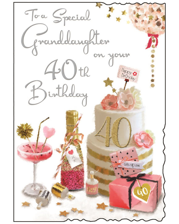 This granddaughter 40th Birthday card from Jonny Javelin is decorated with an array of birthday goodies - from a beautifully decorated cake  to plenty of champagne and cocktails. Silver text on the front of the card reads 