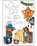 Celebrate a truly special milestone with this vibrant 80th birthday card for Dad from the popular Jonny Javelin collection. The cheerful design features colourful illustrations of beer, balloons, presents, and a birthday cupcake, creating a festive and heartfelt tribute to a much-loved father.

The front is finished with elegant silver-foiled text that reads: "To a Wonderful Dad on Your 80th Birthday", and the card includes luxurious scalloped edging for an extra-special touch.

