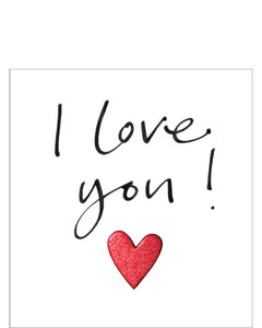 This simple valentine's card is decorated with black handwriting style text that reads "I love you!" above a metallic red heart