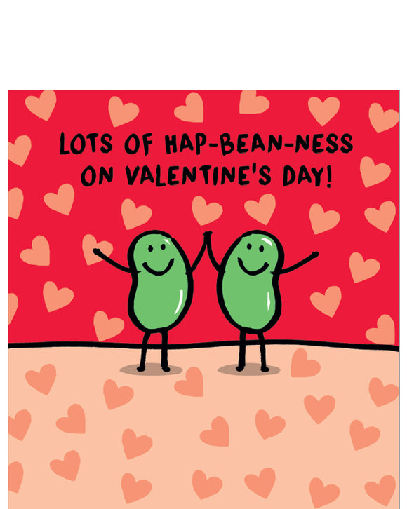 This valentine's card is decorated with a cute illustration of a pair of smiling beans, holding hands, and surrounded by tiny hearts. The text on the front of the card reads 